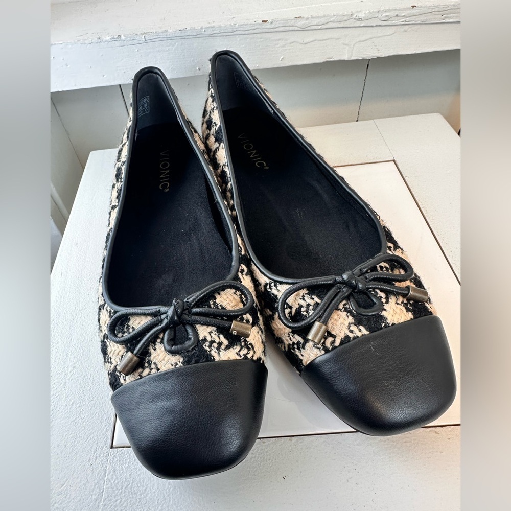 Vionic Klara Ballet Flats Women’s 8.5 Houndstooth Bow Cap Toe Like New Black - Picture 4 of 11